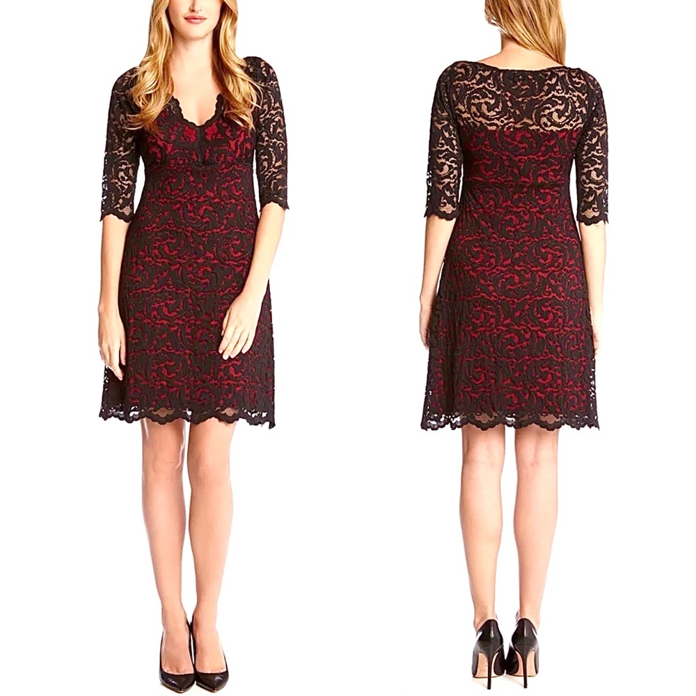 Karen Kane Dress Black Scallop Lace/Red Lining Empire Waist V-Neck 3/4 Sleeve